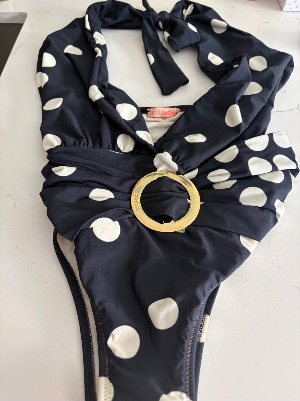 Salinas Navy and White Polka Dot One-Piece Swimsuit with Gold Ring Accent